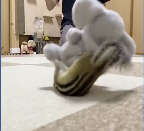 The chipmunk flipping the plush toy over